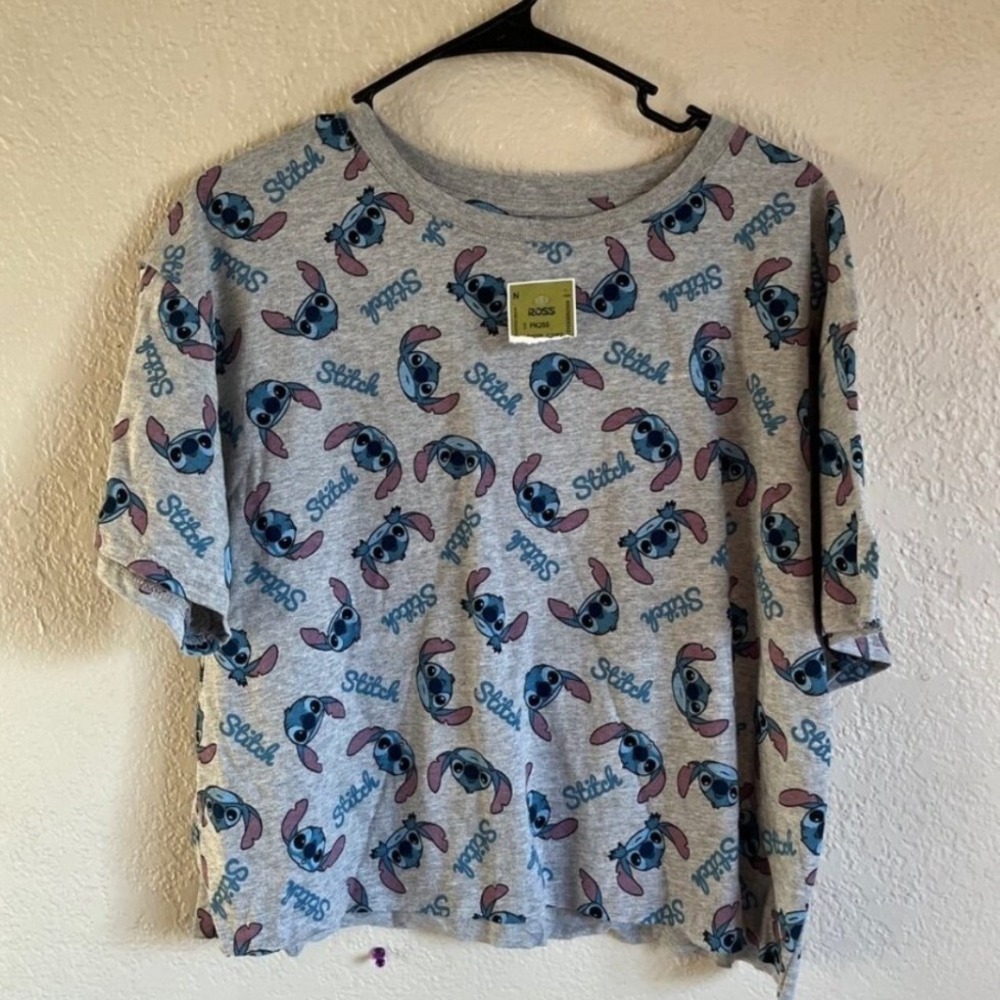 Disney Stitch Womens XL All Over Print Graphic T-Shirt Gray Short Sleeve NWT